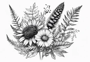 small vertical mixed wildflower bouquet with ferns, thistle and with watercolor tattoo idea