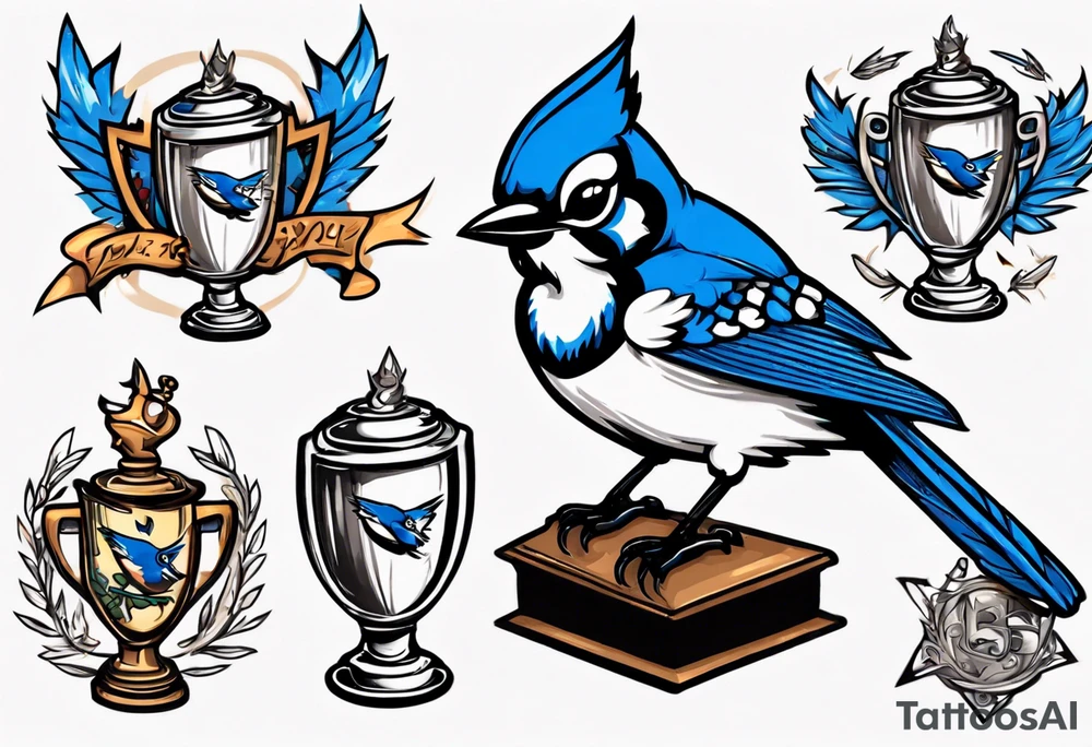 mean looking bluejay holding a trophy tattoo idea