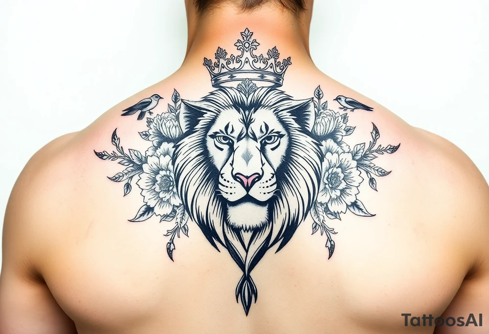 powerful majestic lion with a crown, surrounded by floral ornaments and birds tattoo idea
