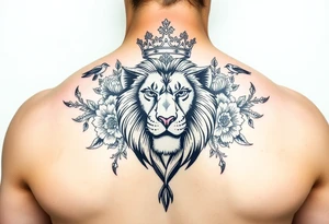 powerful majestic lion with a crown, surrounded by floral ornaments and birds tattoo idea