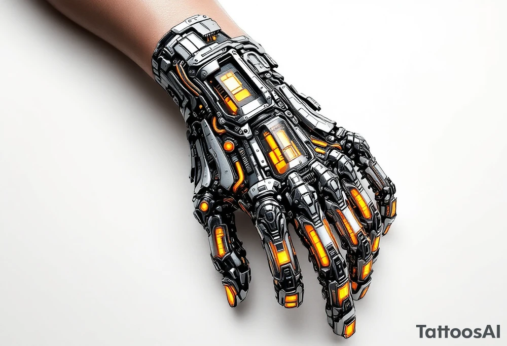 A high-tech cybernetic hand with transparent panels revealing glowing orange hydraulic lines and microchips embedded in titanium bones. tattoo idea
