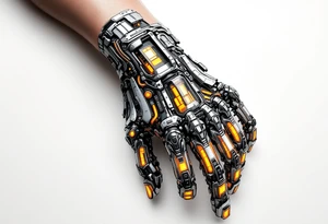 A high-tech cybernetic hand with transparent panels revealing glowing orange hydraulic lines and microchips embedded in titanium bones. tattoo idea