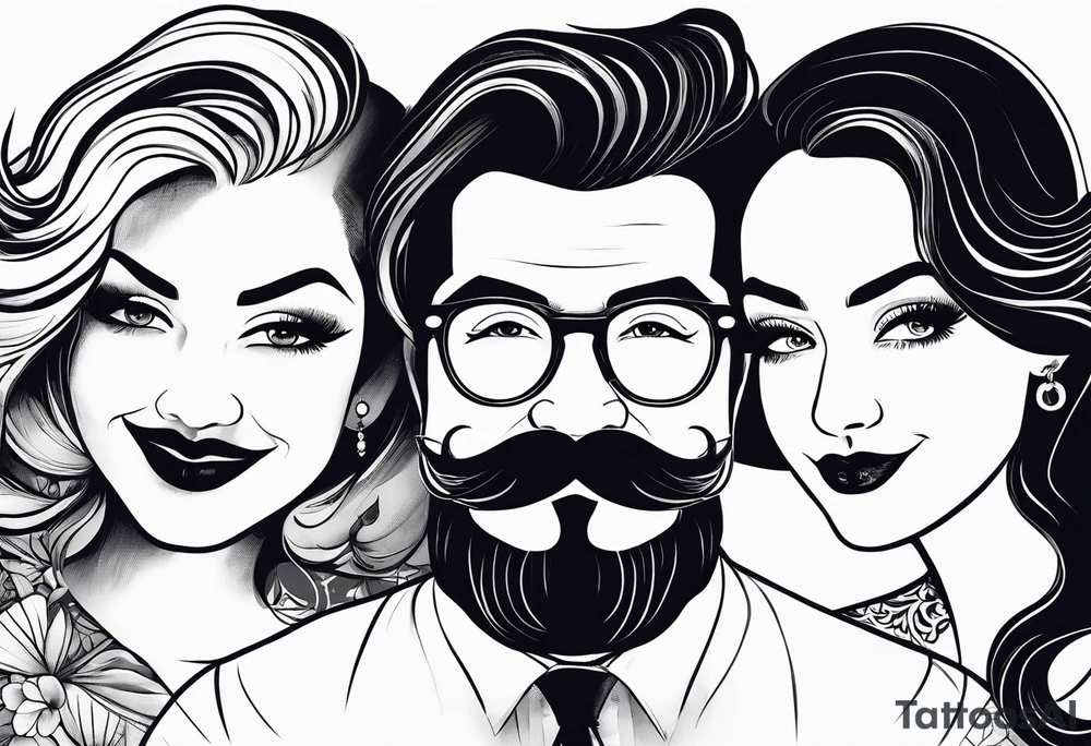four teeth with attributes of a family: one with mustache, one with lady eyelashes, one smaller with a bow on its head and one smaller in short pants tattoo idea