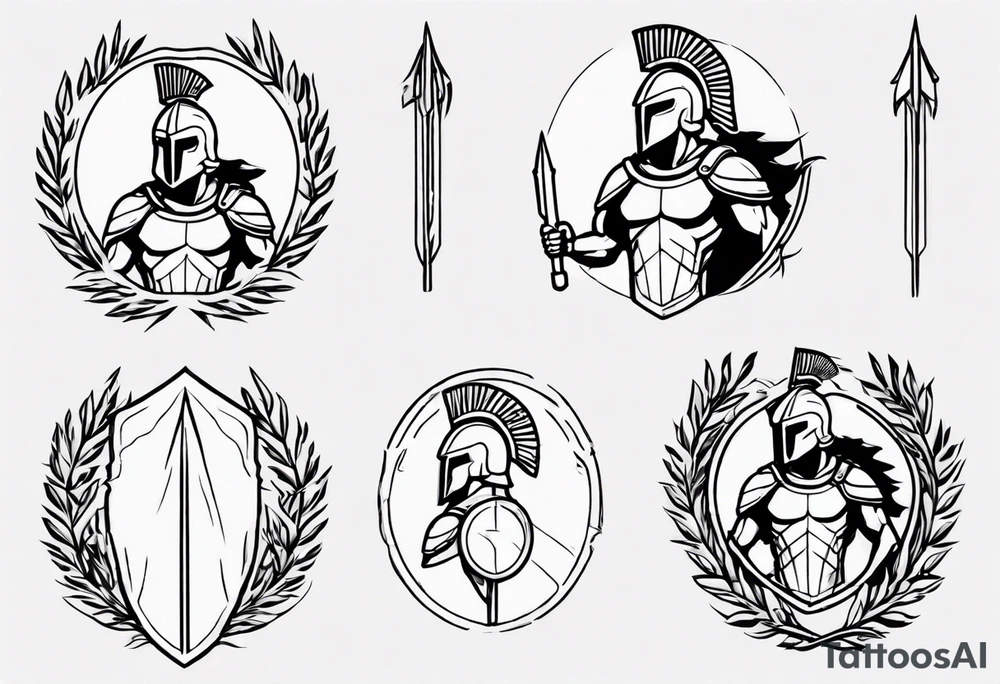 rectangular landscape format ultra-fine line linework vector of a spartan from the side, spartan spear, spartan shield, laurel wreath tattoo idea