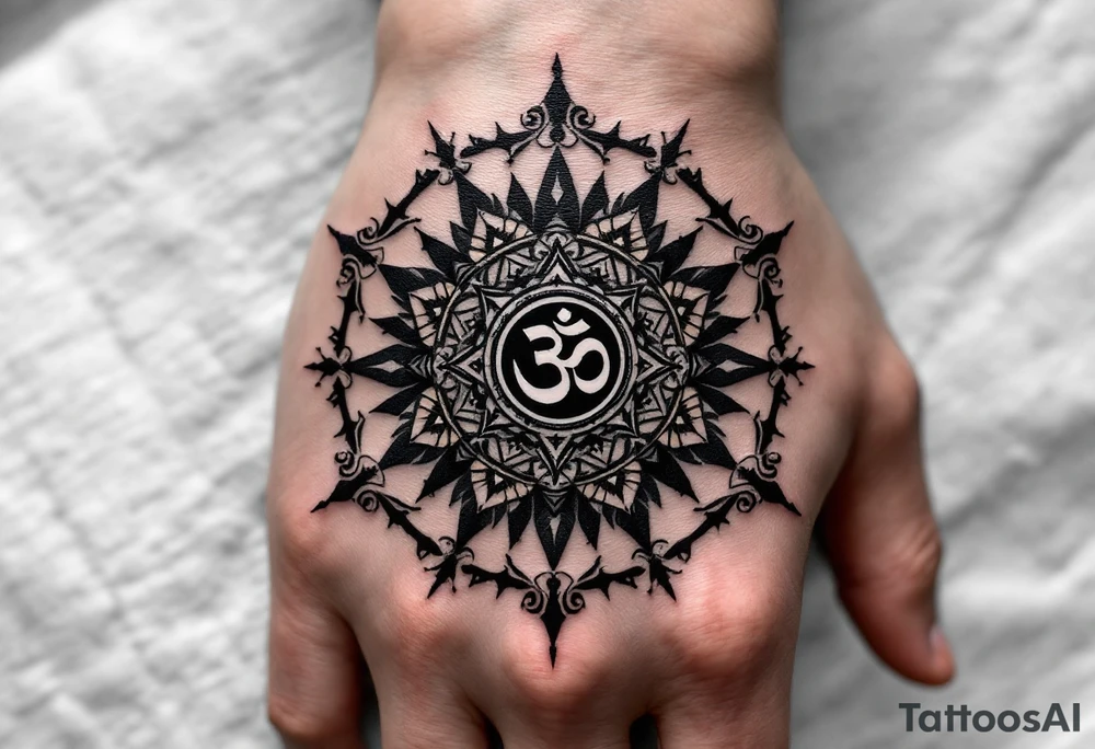 8 point wheel of Dharmachakra with an ohm symbol in the middle tattoo idea