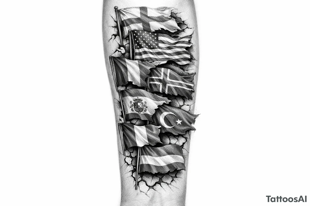 England USA Iceland Italy Spain Turkey France Hungary flags inside forearm tattoo idea