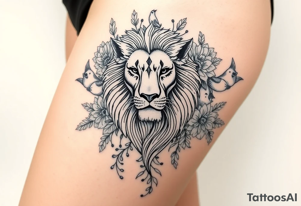 powerful majestic lion with a crown, surrounded by floral ornaments and birds tattoo idea