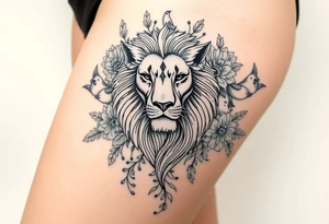 powerful majestic lion with a crown, surrounded by floral ornaments and birds tattoo idea