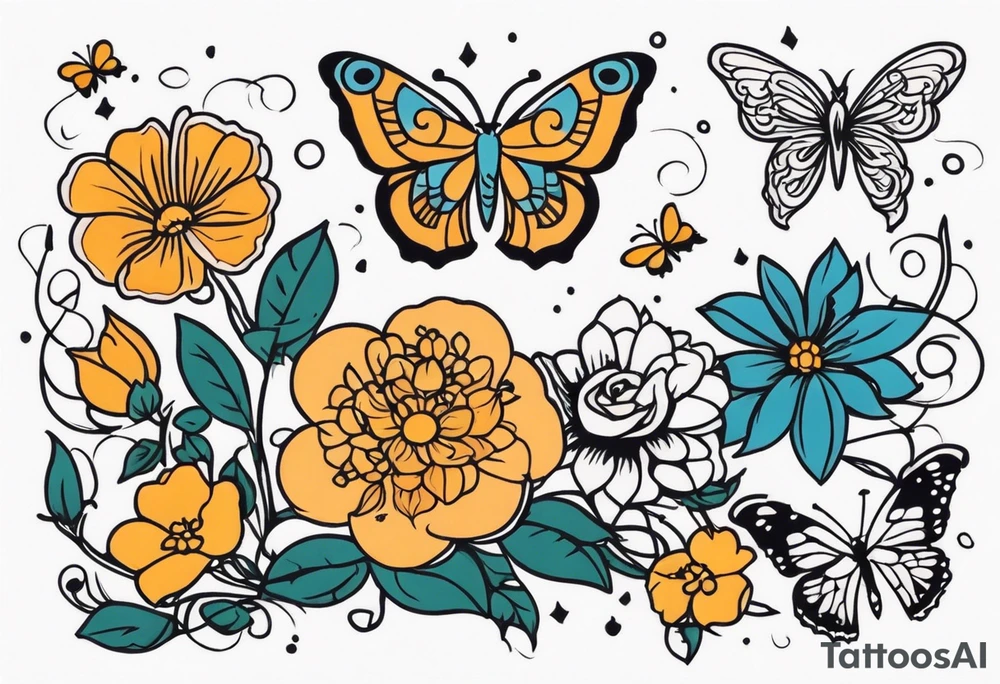 Flowers with butterflies and a owl tattoo idea