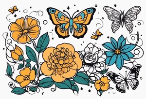 Flowers with butterflies and a owl tattoo idea