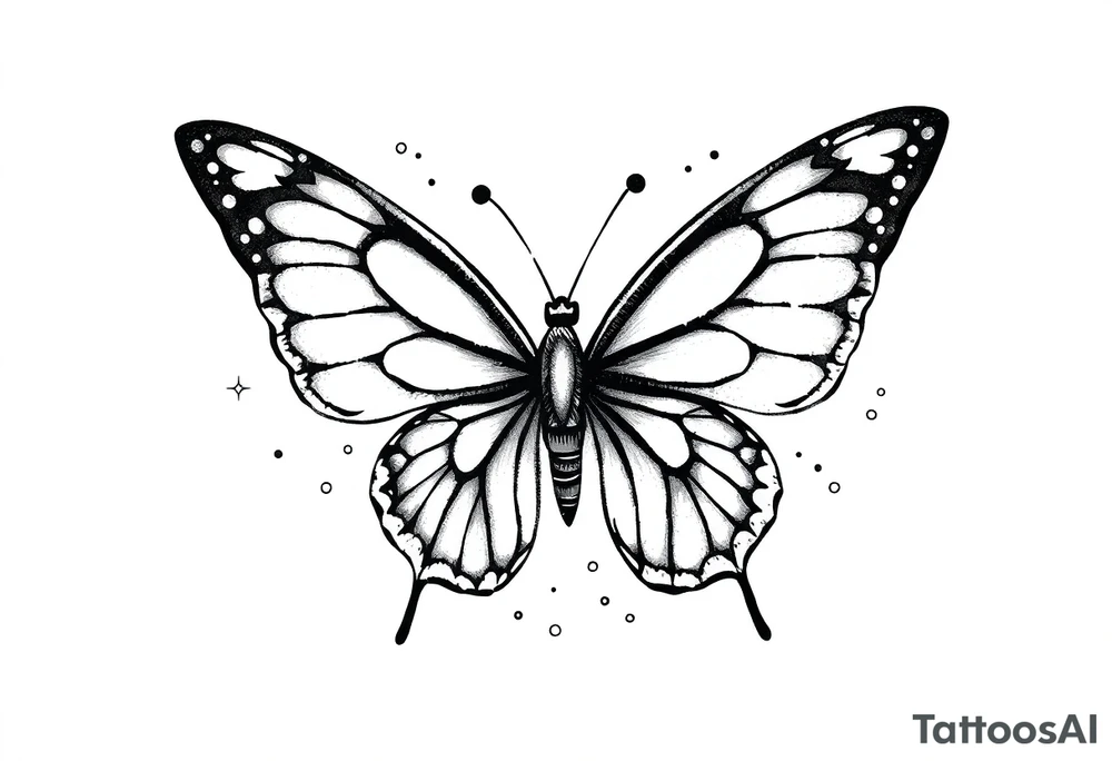 Simple minimalist outline of butterflies with lots of sparkles and bubbles tattoo idea