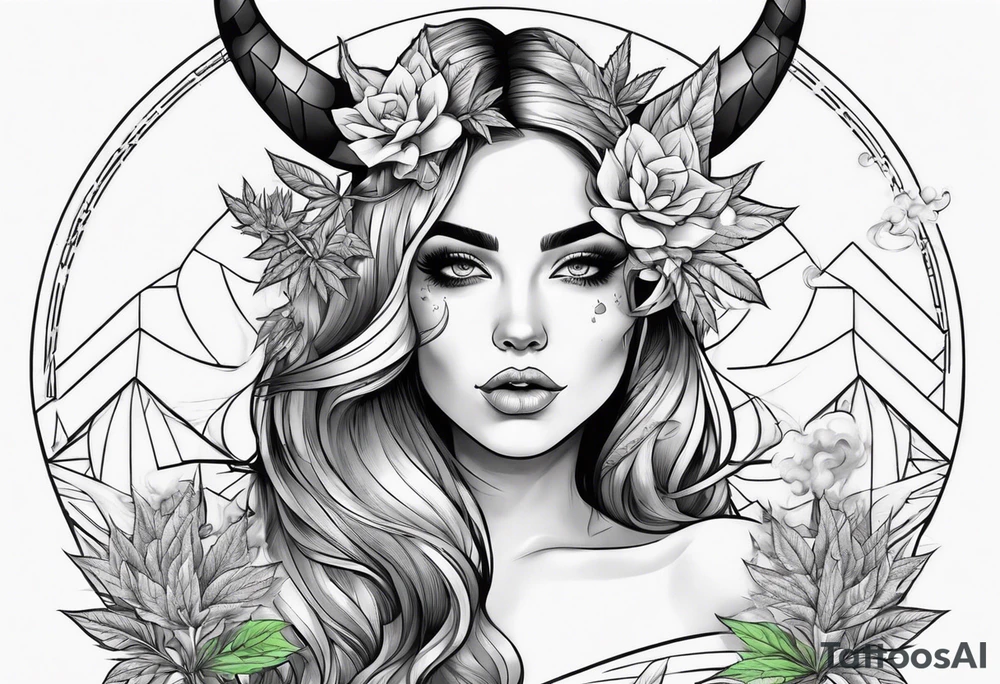 Weed  girl with horns with weed buds smoking a joint trippy backround tattoo idea