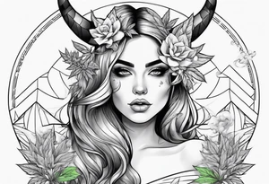 Weed  girl with horns with weed buds smoking a joint trippy backround tattoo idea