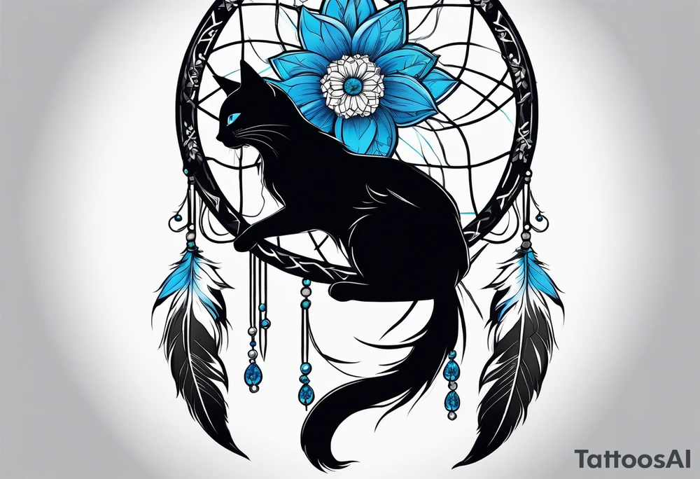 Black cat entwined in a elegant dream catcher that has flowers an long flowing feathers on dream catcher. Black cat eyes in neon blue an small neon blue detail in catcher tattoo idea