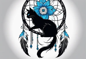 Black cat entwined in a elegant dream catcher that has flowers an long flowing feathers on dream catcher. Black cat eyes in neon blue an small neon blue detail in catcher tattoo idea