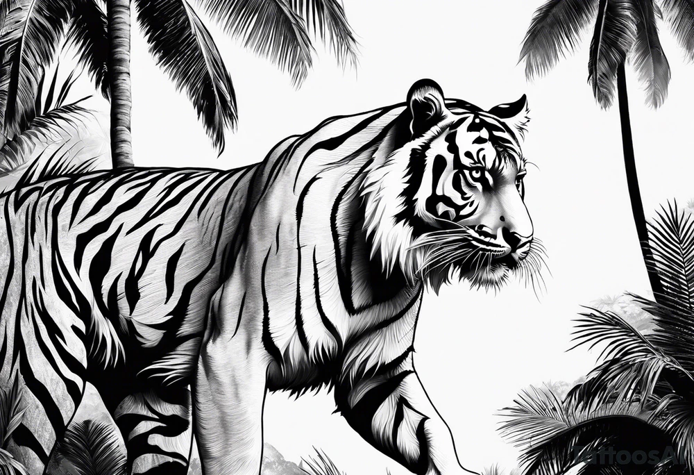 tiger climbing palm tree tattoo idea