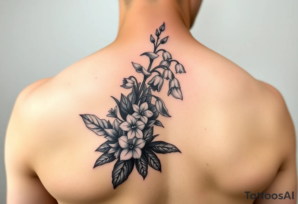 Larkspur and lily of the valley bouquet tattoo idea