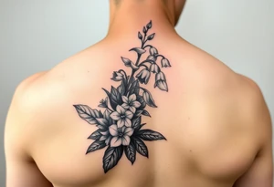Larkspur and lily of the valley bouquet tattoo idea