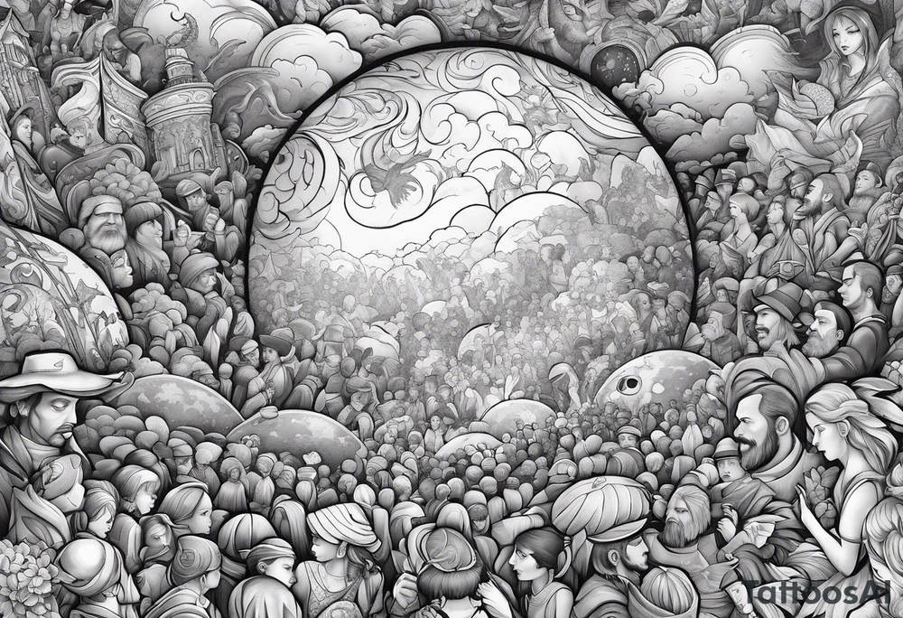 Crowd popping out from earth tattoo idea