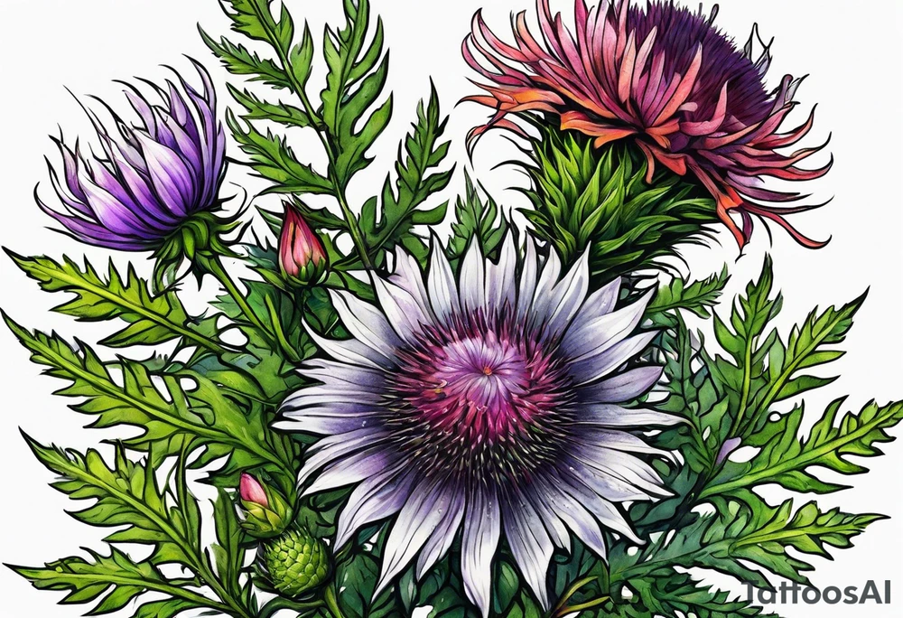 saturated mixed wildflower with ferns and thistles with color tattoo idea