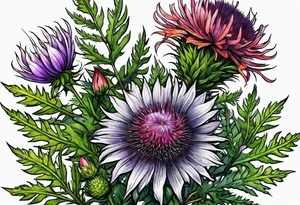 saturated mixed wildflower with ferns and thistles with color tattoo idea
