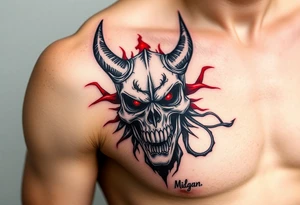 Demon skull black and red on left chest male tattoo idea