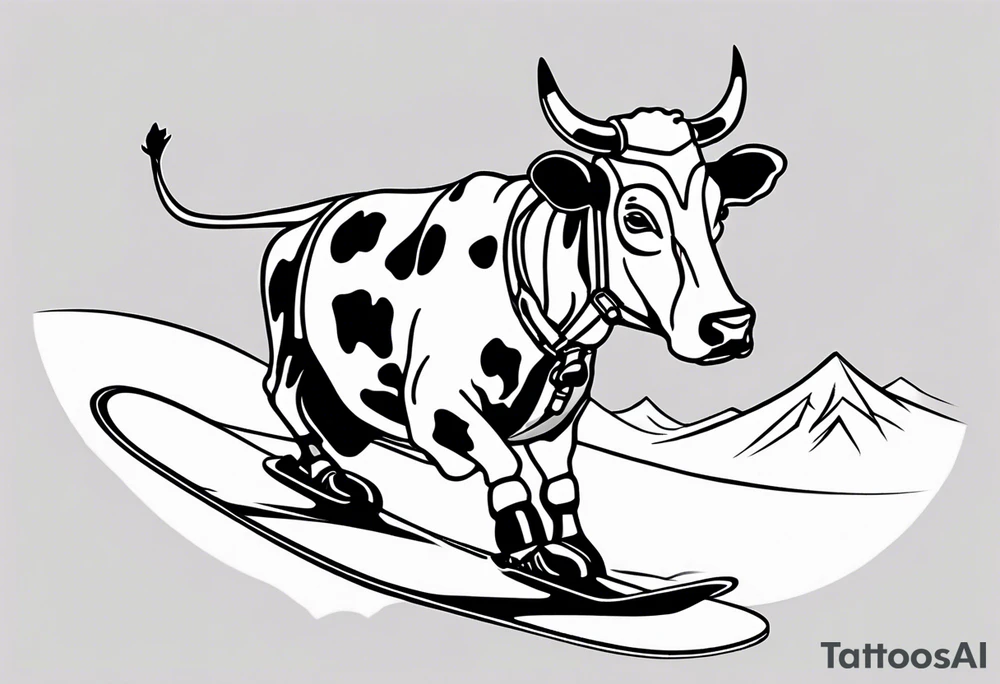 Generate a minimalist and simple black and white tattoo design featuring a joyful cow snowboarding, wearing goggles. Focus on essential lines and details to convey the playful spirit of the scene. The cow should exude confidence while effortlessly snowboarding down a snowy slope. Keep the design clean and uncluttered, suitable for a small to medium-sized tattoo space. Emphasize the charm and whimsy with the addition of goggles, ensuring the overall aesthetic remains simple and minimalistic. The goal is to create a visually appealing and easily recognizable tattoo that captures the essence of a cow enjoying a snowboarding adventure tattoo idea