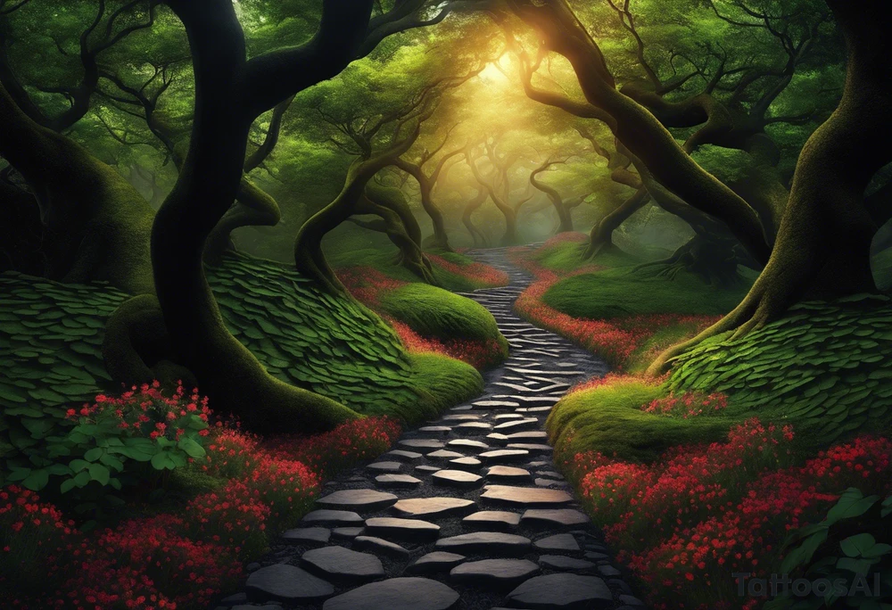 A winding uneven stone path, either side is mystical looking flora and tree roots, the path ends in a bundle of treee roots that turn into a galaxy. walking the path is a black sillouette of a man in a suit with a cat walking next to him, spread out randomly along the design are three other cat silhouettes hiding in the borders. at the very end of the path is a black silhouette of a woman in a dress holding an umbrella facing to her left. tattoo idea