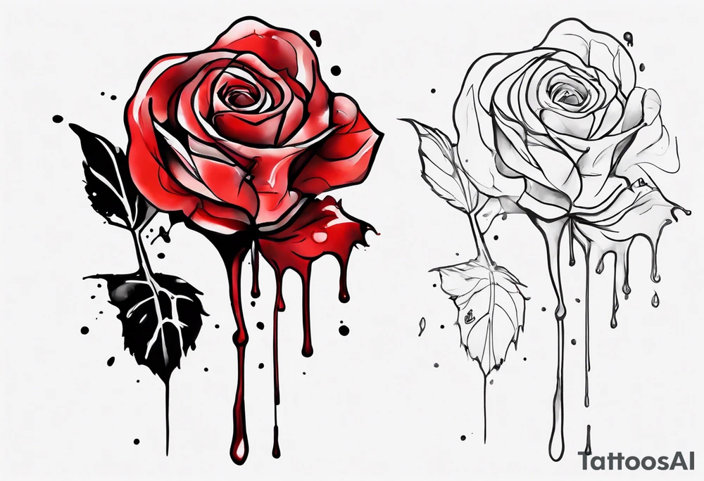 rose flower, one line, red blood dripping from the flower, tall, watercolor, with a t 
placed in the bottom half tattoo idea