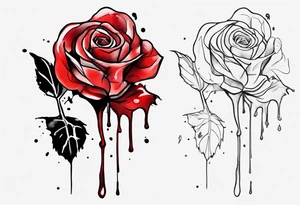 rose flower, one line, red blood dripping from the flower, tall, watercolor, with a t 
placed in the bottom half tattoo idea