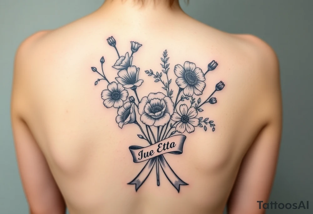 Half arm sleeve tattoo for women of 3 hollyhock flowers, one wild rose, 5 wild flowers in a bouquet with ribbon bow towards the bottom like the just got picked. On the ribbon include three names: June Etta, Roxy, Rosalie. Next the bouquet sperately put a full realistic doctors stethoscope tattoo idea