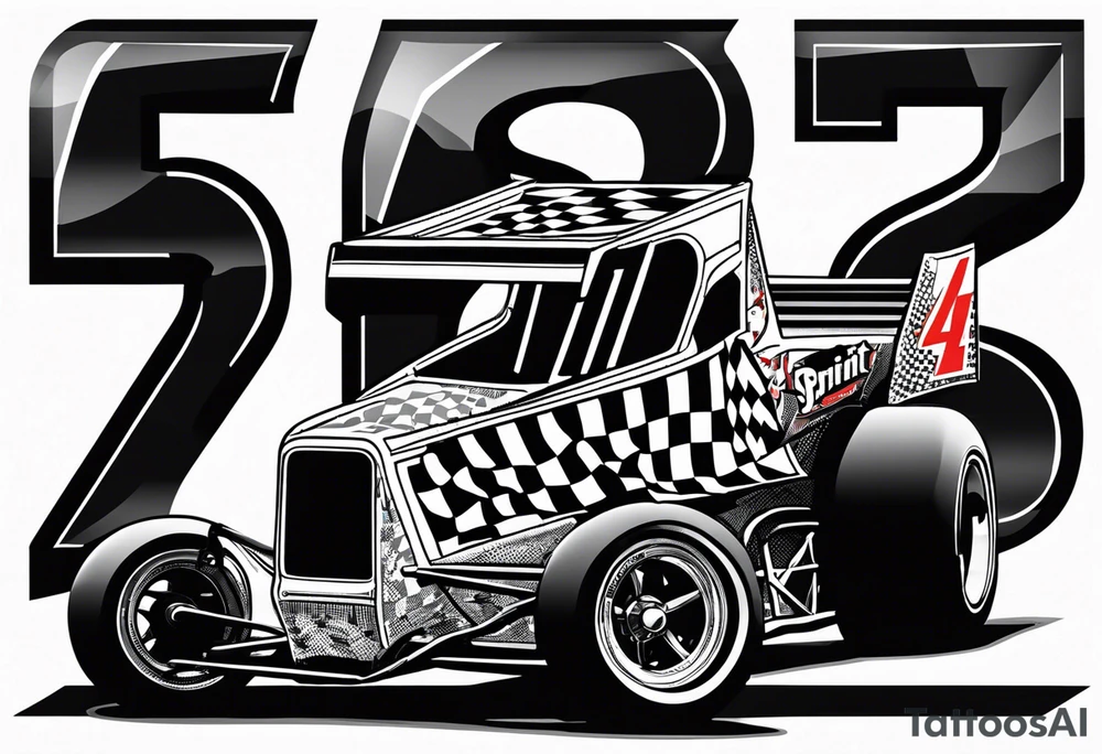 Sprint car, numbers 45, 29, checkered flag, skulls, race suit tattoo idea