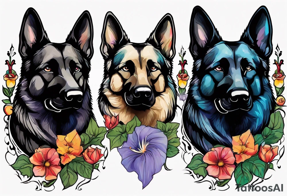 Black German shepherd portrait brightly colored with morning glory tattoo idea