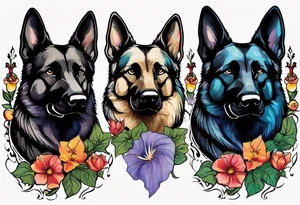 Black German shepherd portrait brightly colored with morning glory tattoo idea