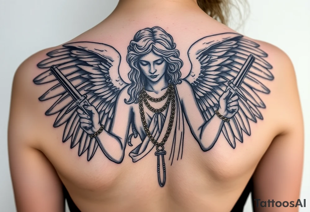 old angel statue in criminal style, tattooed and at the same time contemporary, weapons in hand, gangster-style gold necklaces tattoo idea