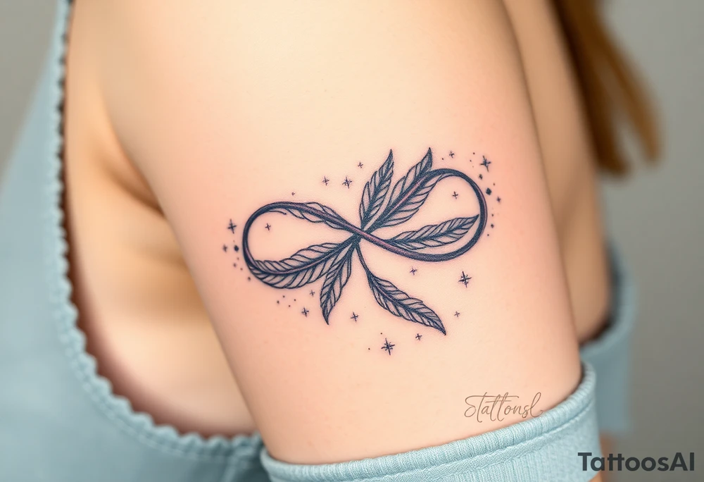 infinity symbol woven with floating feathers and stardust tattoo idea