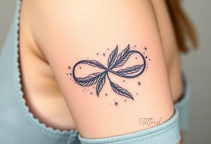 infinity symbol woven with floating feathers and stardust tattoo idea