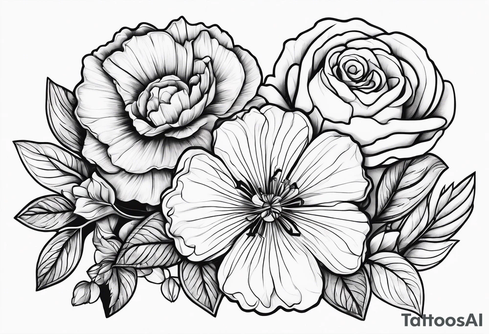 Flower heads of primrose carnation and rose together tattoo idea