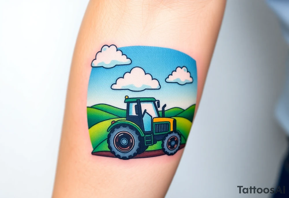 A tractor surrounded by rolling green hills, tractor is under a bright blue sky with white fluffy clouds tattoo idea