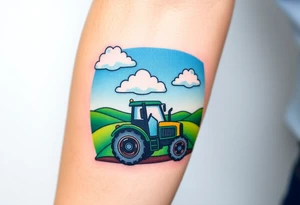 A tractor surrounded by rolling green hills, tractor is under a bright blue sky with white fluffy clouds tattoo idea