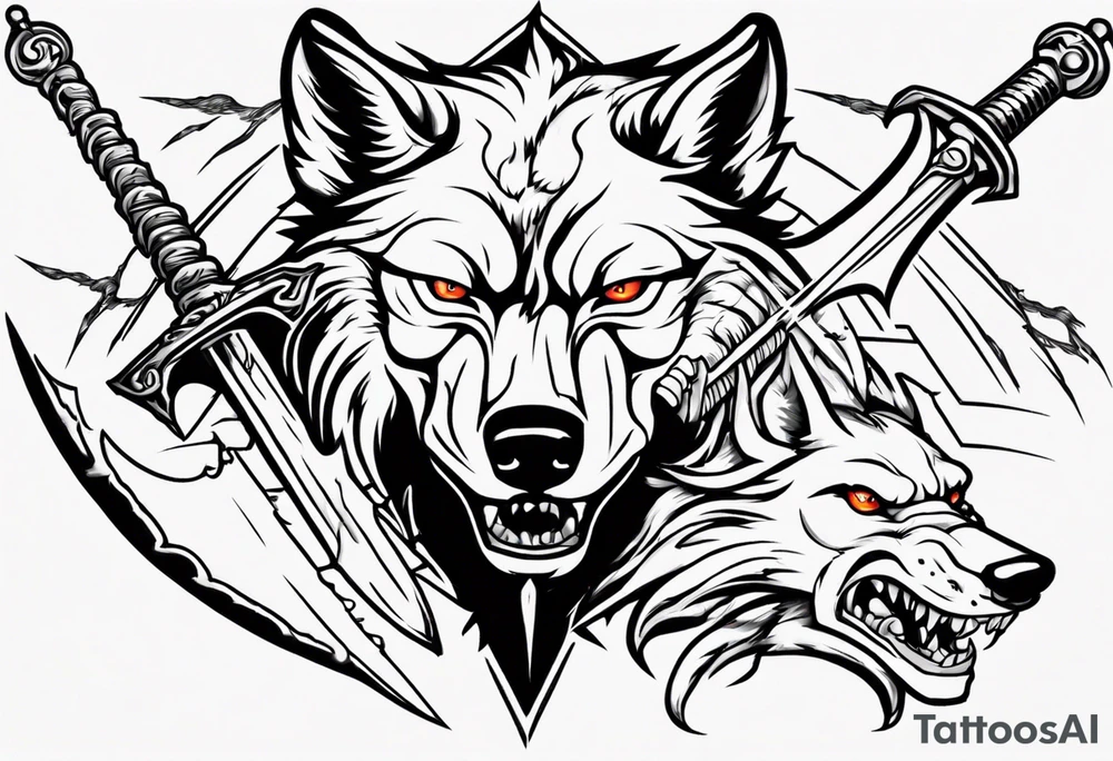 wolf head with sword in background tattoo idea