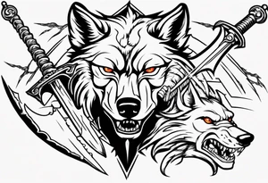 wolf head with sword in background tattoo idea