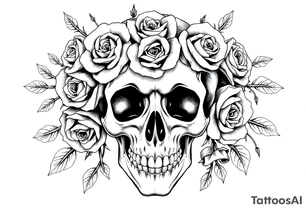 ornate skull adorned with crown of wild roses and thorns tattoo idea