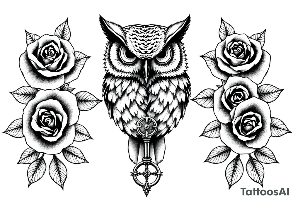 an owl,roses,compass,key. tattoo idea