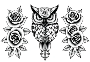 an owl,roses,compass,key. tattoo idea