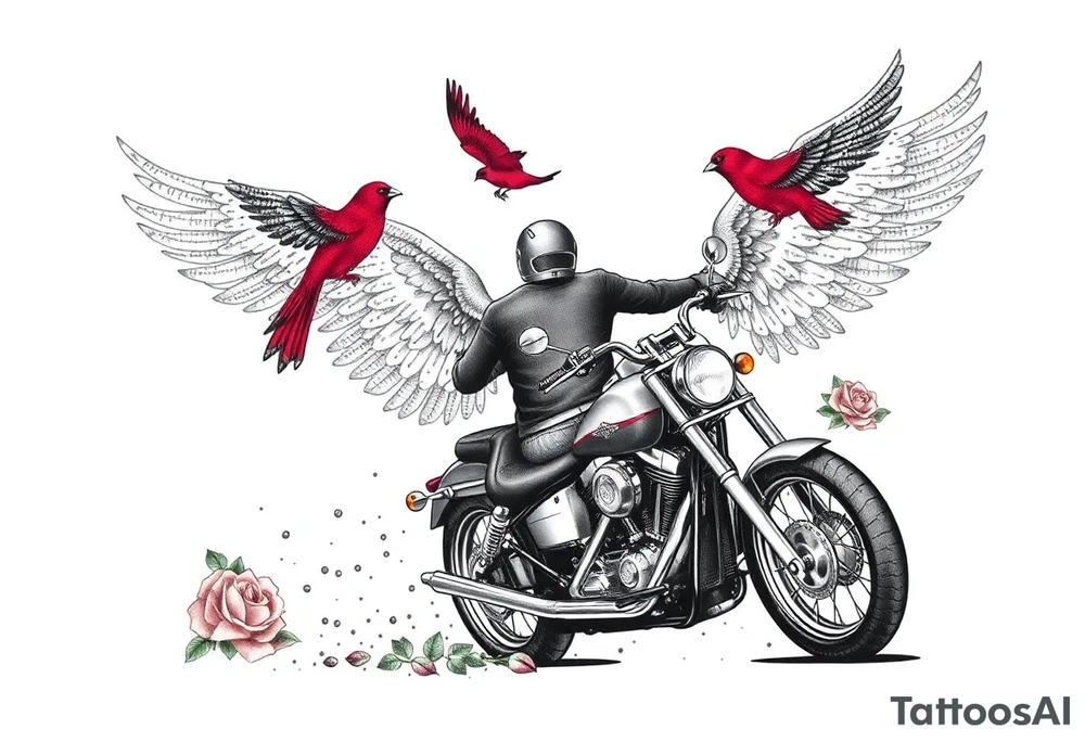 Harley grey motorcycle driving away, two red birds flying, roses, flames, angel wings tattoo idea