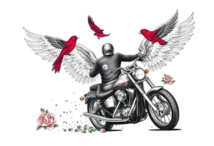 Harley grey motorcycle driving away, two red birds flying, roses, flames, angel wings tattoo idea