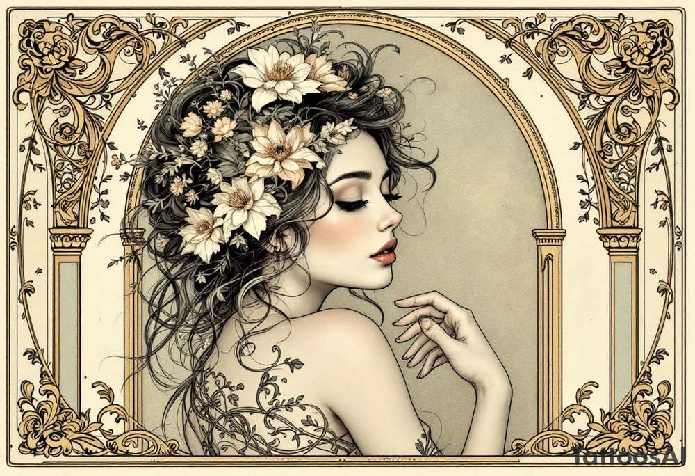 Alfons Mucha’s dreamy portrait of a woman with flowers in her hair, posed against an ornate arch in aged brass and soft sage. tattoo idea