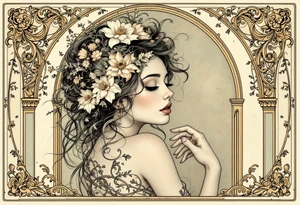 Alfons Mucha’s dreamy portrait of a woman with flowers in her hair, posed against an ornate arch in aged brass and soft sage. tattoo idea