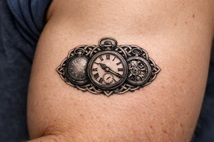 A trio of pocket watches, open and closed, framed by Celtic spirals. tattoo idea